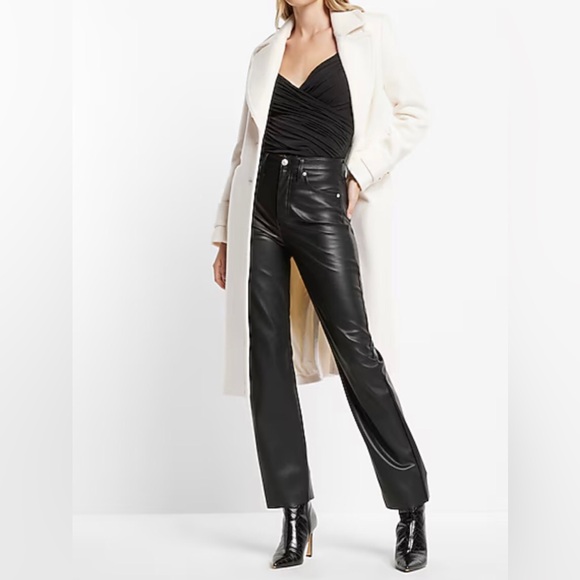 EXPRESS black high waisted straight leg faux leather pants NEW RE $107 w/t 12 - Picture 2 of 15